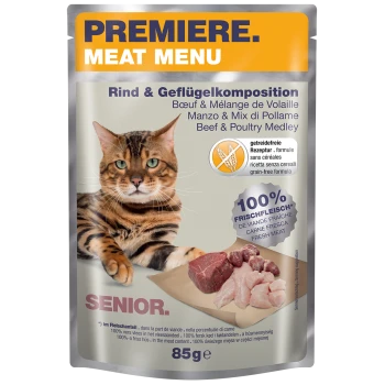 Emballage de nourriture pour chat avec un chat Bengal, étiqueté "Menu de Viande Première", mettant en avant le bœuf et la volaille, formule sans céréales et viande fraîche.