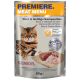Verpackung für Katzenfutter mit einer Bengal-Katze, beschriftet "Premiere Meat Menu", das Rind- und Geflügelfleisch, getreidefreie Formel und frisches Fleisch hervorhebt.