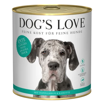 Dose DOG'S LOVE Hundenahrung mit Entengeschmack, 60% Ente, getreidefreie Rezeptur, hergestellt in Österreich, mit Topinambur und Karotte.