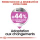Image promouvant un produit de soin pour chien avec le texte : "Prenez soin de la sensibilité de votre chien," "+44% de comportements normaux," "Adaptation aux changements."
