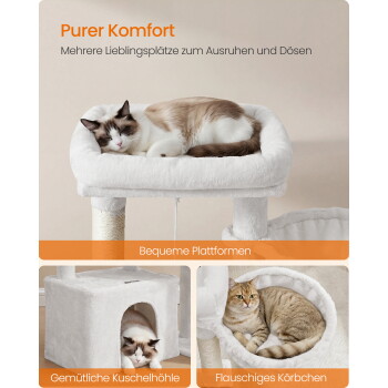 Weißer plüschiger Kratzbaum mit schlafender Katze; Text: 'Purer Komfort'; 'Bequeme Plattformen'; 'Gemütliche Kuschelhöhle'; 'Flauschiges Körbchen'