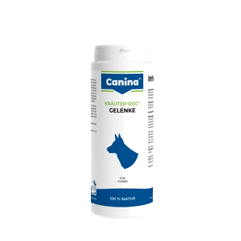 Weiße Canina Kräuter-Doc Gelenke-Flasche für Hunde, blaue Hundesilhouette, Text ‚Für Hunde‘ und ‚100% NATUR‘.