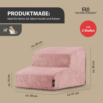 Rosa Cord-Haustiertreppe mit zwei Stufen für kleine oder ältere Hunde und Katzen; zeigt den deutschen Text 'PRODUKTMAßE' und rotes Abzeichen 'mit 2 Stufen'.