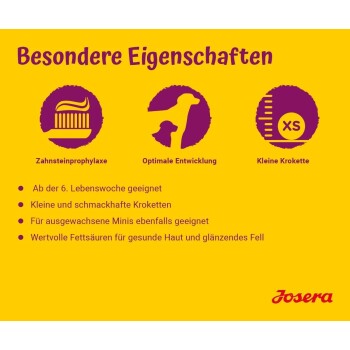Gelber Hintergrund mit lila Symbolen hebt die Eigenschaften von Josera Haustierfutter hervor: Zahnpflege, optimales Wachstum, kleine Kroketten und gesunde Haut.