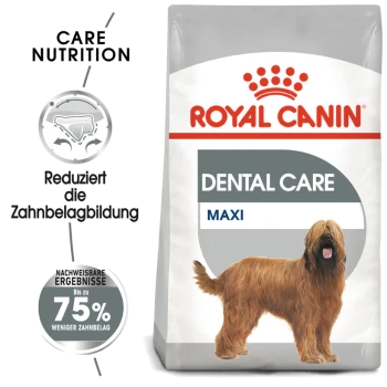Royal Canin Dental Care Hundefutterbeutel mit einer flauschigen Hundillustration und dem Text: 'Reduziert die Zahnbelagbildung' und 'Bis zu 75% weniger Zahnbelag.'