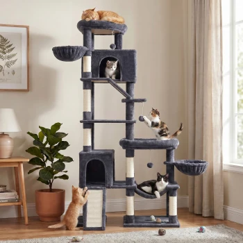 Hoher grauer mehrstöckiger Kratzbaum im Wohnzimmer mit fünf Katzen, die spielen und dösen; mit Sisalstämmen und hängenden Spielzeugen.