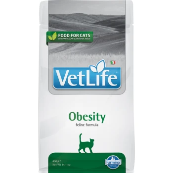 VetLife Adipositas Katzenfutterpackung, 400g, mit einem blauen Logo, grünem Text und einer Silhouette einer Katze.