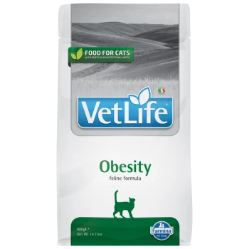 Opakowanie karmy dla kotów VetLife Obesity, 400g, z niebieskim logo, zielonym tekstem i sylwetką kota.