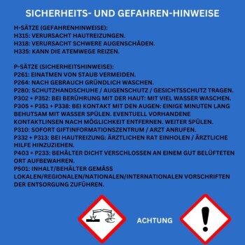 Sicherheits- und Gefahrenhinweise in deutscher Sprache, mit Warnungen zu Haut- und Augenschäden sowie Atemwegsreizungen.