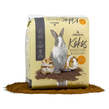 Allkokos Kokes Kleintier-Einstreu 40L Sack mit Bildern von Kaninchen, Hamster und Meerschweinchen, Kokos-Einstreu ausgeschüttet