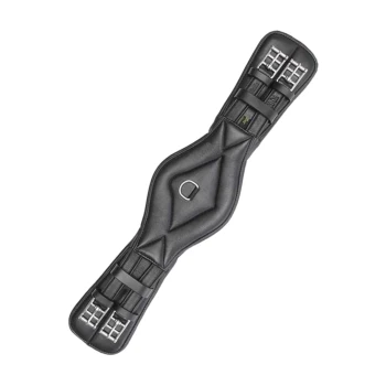 Schwarzer Leder-Gurt für Pferde mit gepolstertem Zentrum und Metallschnallen an beiden Enden, mit einem zentralen D-Ring.