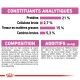 Emballage de nourriture pour animaux affichant des constituants analytiques : 21% de protéines, 2,7% de fibres brutes, 15% de matières grasses, 5,3% de cendres ; comprend la composition et les additifs.