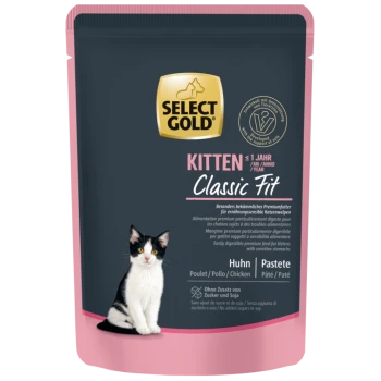 Select Gold Kitten Classic Fit Hühnerpâté Katzenfutterbeutel für Kätzchen unter 1 Jahr, ohne Zuckerzusatz oder Soja, mit Bild eines schwarz-weißen Kätzchens.