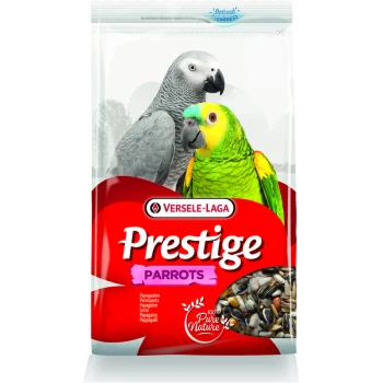 Sac Versele-Laga Prestige Parrots montrant un perroquet gris d'Afrique et un perroquet vert, mélange de graines visible, mention « 100% Pure Nature »