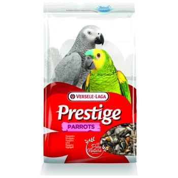 Sac Versele-Laga Prestige Parrots montrant un perroquet gris d'Afrique et un perroquet vert, mélange de graines visible, mention « 100% Pure Nature »