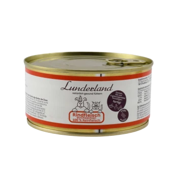 Eine Dose Haustierfutter mit der Aufschrift "Lunderland Rindfleisch durchwachsen", mit einem cremefarbenen Etikett mit lila Akzenten und einem Zuglaschenverschluss.