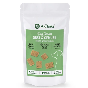 Verpackung für Hundesnacks mit der Aufschrift "Obst & Gemüse", 100% vegan, getreidefrei, geeignet für alle Altersgruppen, hergestellt in Deutschland.