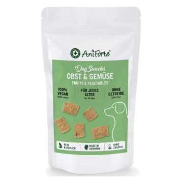 Verpackung für Hundesnacks mit der Aufschrift "Obst & Gemüse", 100% vegan, getreidefrei, geeignet für alle Altersgruppen, hergestellt in Deutschland.