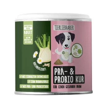 Grüner und pinker Behälter, beschriftet mit "Tierliebhaber Prä & Probio Kur für Hunde", mit haustierbezogenen Grafiken und natürlichen Zutaten.