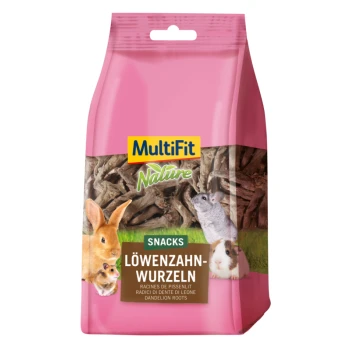 Un sac rose de snacks MultiFit Nature à base de racines de pissenlit pour petits animaux, avec des images d'un lapin, d'un cochon d'Inde et d'un chinchilla.