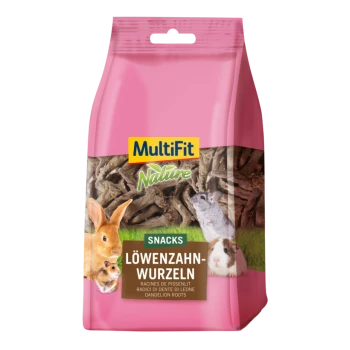 Eine rosa Tüte MultiFit Nature Löwenzahnwurzel-Snacks für kleine Haustiere, mit Bildern eines Kaninchens, Meerschweinchens und Chinchillas.