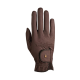 Brauner Haustierpflegehandschuh mit strukturierter Oberfläche und verstellbarem Handgelenkriemen, mit einem kleinen Logo auf dem Riemen.