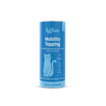 Blaue KatKare-Dose mit der Aufschrift 'Mobility Topping', Katzenillustration und dem Text 'Vital-Topping'.