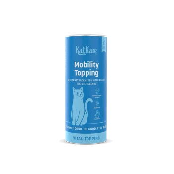 Blaue KatKare-Dose mit der Aufschrift 'Mobility Topping', Katzenillustration und dem Text 'Vital-Topping'.