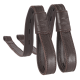 Braune Leder-Hundeleinen-Griffe mit Nähdetails, mit einem auf das Leder geprägten Logo.