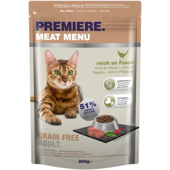 Eine Katzenfutterverpackung mit einer Bengal-Katze, beschriftet "Premiere Meat Menu", das "51% Fasan" und "Getreidefrei für Erwachsene" hervorhebt.