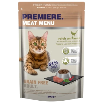 A cat food package featuring a Bengal cat, labeled "Premiere Meat Menu," highlighting "51% Pheasant" and "Grain Free Adult."