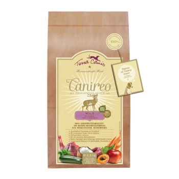 Canireo Adult Wild 2,5 kg Brauner Papiertüte mit Terra Canis Trockenfutter für Hunde, beschriftet mit "Canireo" und einem Wildspielthema, mit Bildern von Fleisch, Gemüse und Früchten.