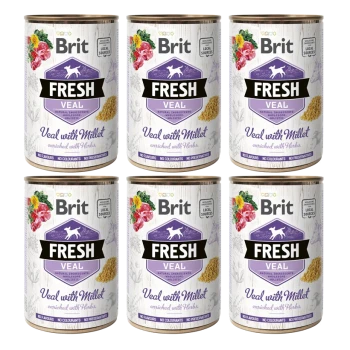 Sześć puszek Brit Fresh cielęciny z prosem, z kwiatowym wzorem, oznaczone "Natural Ingredients" i "Enriched with Herbs."