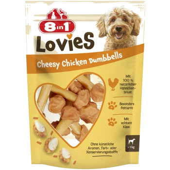 8in1 Lovies Cheesy Chicken Dumbbells Hundesnacks mit natürlicher Hähnchenbrust und echtem Käse, fettarm, über 1 kg Verpackung.
