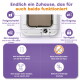 Nahaufnahme einer Haustiertür mit einer transparenten Klappe, mit Symbolen für das Verriegelungsmechanismus und einem Drehregler zur Steuerung des Zugangs.