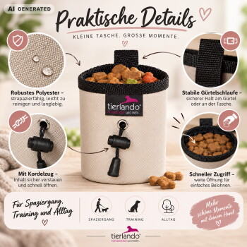 Beiger, zusammenklappbarer Leckerlibeutel mit schwarzem Rand und Kordelzug, mit Trockenfutter gefüllt; mit der Überschrift Praktische Details und dem tierlando-Logo.