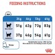 Feeding instructions chart for cats, detailing daily food amounts based on weight (3kg to 6kg) for ideal and overweight categories.