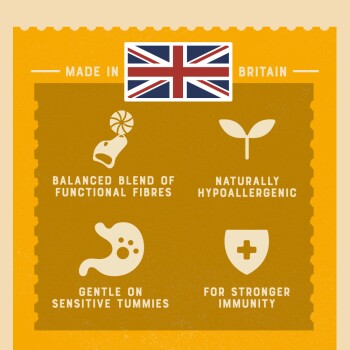 Yellow background with a British flag, showcasing pet food benefits: balanced fibers, hypoallergenic, tummy-friendly, and boosts immunity.