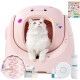 Rosa automatisierte Katzentoilette mit einer weißen flauschigen Katze darin, Zubehör und Aufkleberbogen; sichtbarer Text: 'CAT-LINK' und 'AUS'.