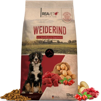 Hundefutterbeutel mit der Aufschrift 'WEIDERIND mit Kartoffeln & Hagebutte, Glutenfrei', mit einem Hund, Kartoffeln und roten Fleischstücken. 12kg.