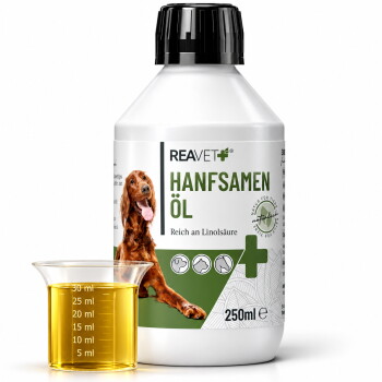 Flasche REAVET Hanföl Naturrein (Hanföl) für Hunde, 250ml, mit einem Messbecher, der gelbes Öl enthält, beschriftet mit "Reich an Linolsäure."