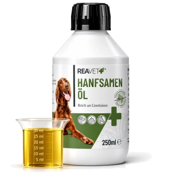 Flasche REAVET Hanföl Naturrein (Hanföl) für Hunde, 250ml, mit einem Messbecher, der gelbes Öl enthält, beschriftet mit "Reich an Linolsäure."