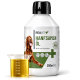 Flasche REAVET Hanföl Naturrein (Hanföl) für Hunde, 250ml, mit einem Messbecher, der gelbes Öl enthält, beschriftet mit "Reich an Linolsäure."