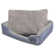 Graues Haustierbett mit einem plüschigen Innenraum und einem blauen äußeren Rand, mit einem Pfotenabdruckdesign an der Seite.