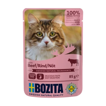 Katzenfutterbeutel mit einer Nahaufnahme des Gesichts einer Katze, beschriftet "Bozita" mit "100% tierisches Protein," "mit Rind" und "schwedischen natürlichen Zutaten."