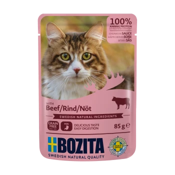 Katzenfutterbeutel mit einer Nahaufnahme des Gesichts einer Katze, beschriftet "Bozita" mit "100% tierisches Protein," "mit Rind" und "schwedischen natürlichen Zutaten."