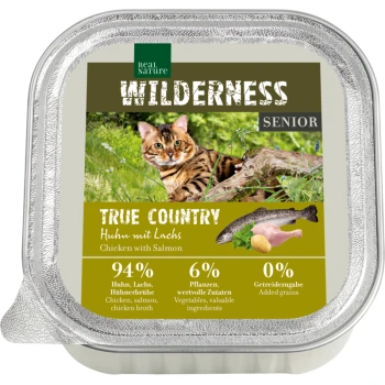 Real Nature Wilderness Senior True Country kattenvoer met kip en zalm, 94% vlees, 6% groenten, 0% granen.