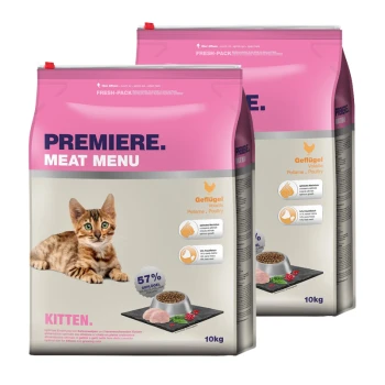 Katzenfutterbeutel mit der Aufschrift "Premiere Meat Menu" für Kätzchen, mit einem verspielten Kätzchenbild, 57% Geflügelanteil und 10 kg Gewicht.