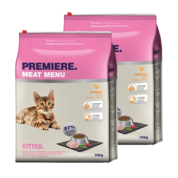 Sacs de nourriture pour chats étiquetés "Premiere Meat Menu" pour chatons, présentant une image de chaton joueur, avec 57 % de contenu en volaille et un poids de 10 kg.