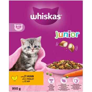 Junior Huhn 950 g Die Verpackung des Whiskas Junior Katzenfutters zeigt ein verspieltes Kätzchen auf einer rosa Decke und einer Schüssel mit Trockenfutter, wobei Huhn als Hauptzutat hervorgehoben wird.